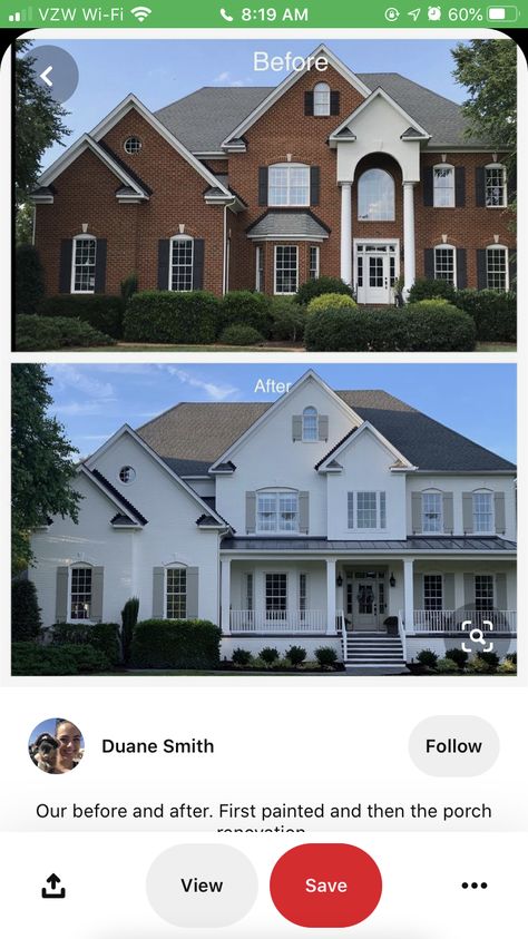 Mcmansion Exterior Makeover, Red Brick Colonial House Exterior Makeover, White Brick Black Shutters, Mcmansion Makeover, Red Brick Colonial House Exterior, Colonial House Exterior Makeover, Brick Colonial House Exterior, Colonial Exterior Makeover, Brick Colonial House