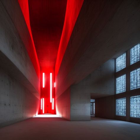 Stable Diffusion, prompt: inside an ultrachrist church by Kenzo Tange, red glowing cross in the dark, brutalism, dark concrete, highly detailed, cinematic Neon Brutalism, Night Club Lighting, Underground Hiphop, Brutalist Interior, Kenzo Tange, Brutalism Architecture, Club Lighting, Neon Lamp, Cement Wall