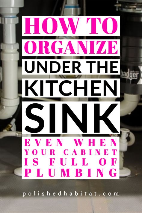 Is there a mess under your kitchen sink? We figured out how to add functional storage in the under sink cabinet even though it's full of pipes.   #kitchenorganization under sink kitchen organization | under sink kitchen storage | kitchen sink organization | under the kitchen sink storage ideas | under the kitchen sink storage ideas | under sink storage kitchen | undersink organization Organize Under Kitchen Sink, Under The Kitchen Sink Organization, Under Kitchen Sink Storage, Under Sink Storage Unit, Under The Kitchen Sink, Under Kitchen Sink, Kitchen Cabinet Organization Ideas, Sink Organization, Under Kitchen Sink Organization