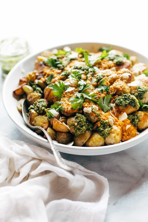 Mini Chicken Meatballs - super easy recipe made with chicken, breadcrumbs, Parm, garlic, eggs, salt. Served with crispy potatoes and a 5-minute Romesco sauce! | pinchofyum.com Pinch Of Yum, Romesco Sauce, Chicken Meatballs, Crispy Potatoes, Super Easy Recipes, Chicken Dinner, Chicken Dishes, A Bowl, Meatballs