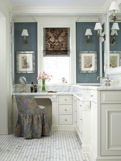 Find the perfect bathroom vanity for your space! For more bathroom makeup vanity ideas:  http://www.bhg.com/bathroom/vanities/bathroom-makeup-vanity-ideas/?socsrc=bhgpin111213bathroomvanity&page=1 Vanity With Makeup Area, Bathroom Makeup Vanity Ideas, Makeup Vanity Ideas, Makeup Vanity In Bathroom, Vanity In Bathroom, Bathroom With Makeup Vanity, Small Bathroom Vanities, Vanity Ideas, Vanity Room