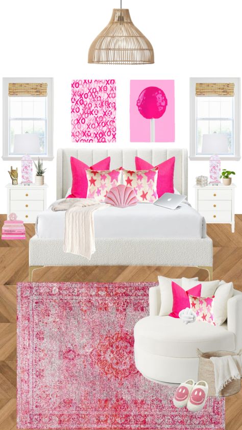 Preppy Bedroom Aesthetic Pink, Hot Pink And White Bedroom, Room Ideas Hot Pink, Hot Pink And Gold Bedroom, Hot Pink Room Ideas, Hot Pink Bedroom Aesthetic, Hot Pink Room Aesthetic, Bright Pink Bedroom, Pink Teen Room