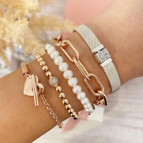 Pandora Bracelet Stack, Charm Bracelet Stack, Jewellery Layering, Pandora Bracelet Charms Ideas, Pandora Jewelry Charms, Bracelet Stacks, Pandora Rose, Wrist Jewelry, Bracelet Charms