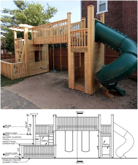 DIY Clubhouse – Slide Swing Set Free Diy Playground Plans, Diy Playset Outdoor Plans, Playset Outdoor Diy, Diy Swingset, Diy Play Set, Diy Playset, Diy Swing Set, Playset Plans, Swing Set Plans