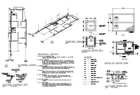 Four bedroom bungalow sanitary plumbing constructive structure details that includes a detailed view of floor clean out details, floor drainage details, details of septic tank, legends, catch basin details, isometric drawing details, general notes, plumbing layout details and much more of plumbing details. Surface Drainage, Catch Basin, Plumbing Layout, Underground Drainage, Bedroom Bungalow, Electrical Cad, Drawing Details, Isometric Drawing, Concrete Roof