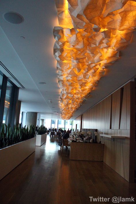 180 foot-long Origami Light Fixture Origami Ceiling, Origami Light, Cinema Bar, Origami Light Fixture, Music Lounge, Interior Light Fixtures, Interesting Objects, Party Lighting, Light Diffuser