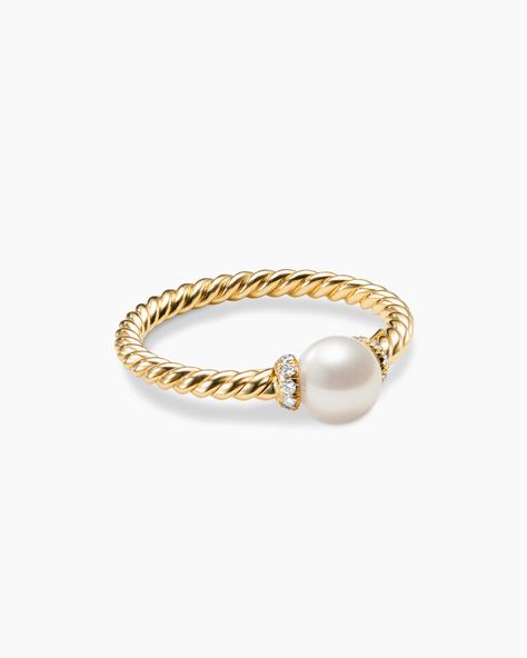 David Yurman | Petite Solari Station Ring in 18K Yellow Gold with Pearl and Diamonds, 2.3mm Gold And Pearl Wedding Ring, Unique Pearl Rings, David Yurman Rings, Jewelry Stack, Petite Jewelry, Modern Gold Jewelry, Preppy Jewelry, David Yurman Jewelry, Jewelry Essentials