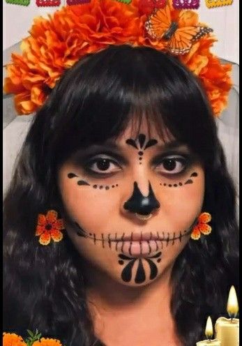 Mexican Face Paint Simple, Hispanic Heritage Face Painting, Catrina Simple Makeup, Coco Face Paint, Mexican Face Paint, Catrina Face Paint, 40th Fiesta, Mexican Makeup, Spooky Makeup