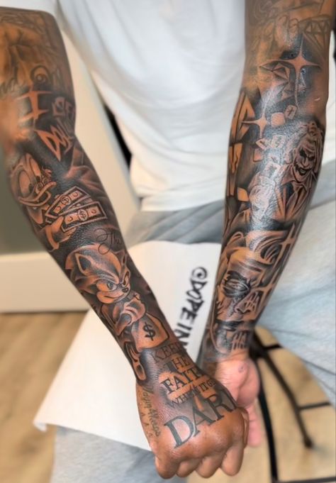 Time Sleeve Tattoo For Men, Hand To Forearm Tattoo For Men, Top Quarter Sleeve Tattoo, Dark Skin Tattoo Men Forearm, Arm Sleeve Black Man, Rare Tattoos Men Hand, Hood Sleeve Tattoos For Guys, Whole Forearm Tattoo Men, Black Men Arm Tattoos Sleeve