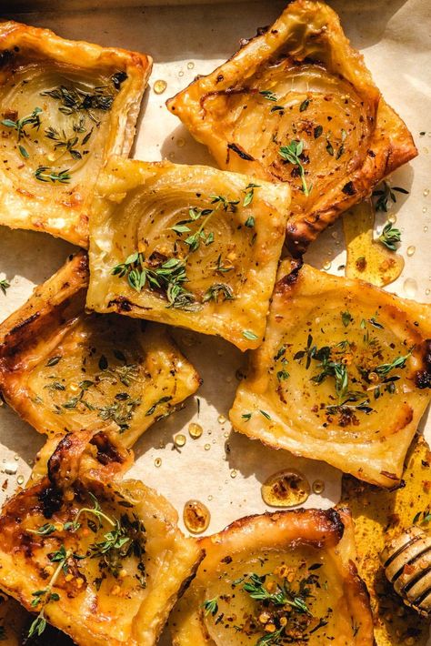 Upside-Down Onion and Gruyere Tarts - Host The Toast Tomato Ricotta Puff Pastry Tart, Mini Onion Tart, Upside Down Onion Tart Puff Pastry, Upside Down Pastries, Upside Down Tarts, Puff Pastry Tart Recipes, Upside Down Puff Pastry Recipes, Tomato Tart Puff Pastry, Honey Onion