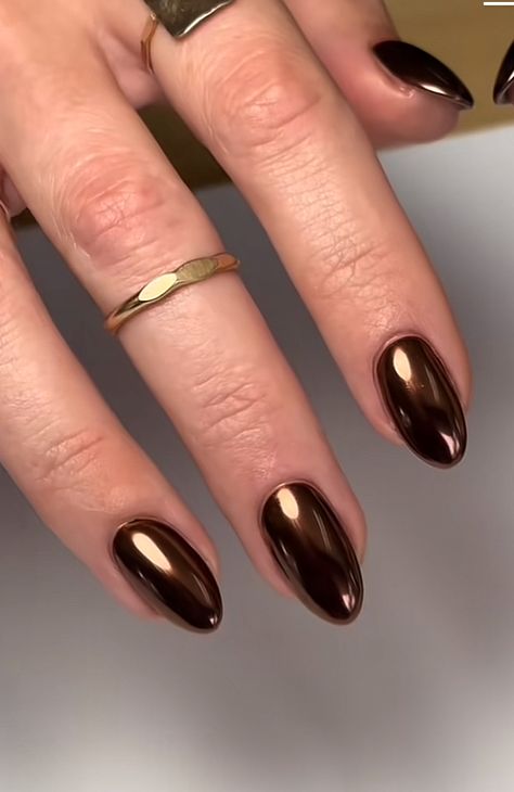 Cute Nails With Chrome, Bronze Glazed Nails, Brown Nails Gold Accent, Chrome Nail Swatches, Brown Sugar Spice Nails, Brown Gold Chrome Nails, Mocha Brown Chrome Nails, Brown Nails Tortoise, Fall Nail Inspo Chrome