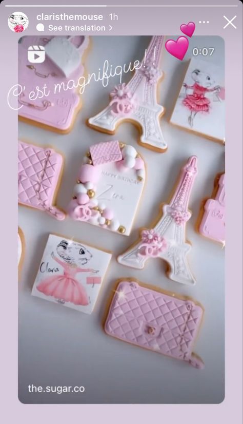 Claris Birthday Party, Claris Birthday Cake, Claris The Mouse Party, Claris Mouse, Paris Theme Cookies Birthday, Paris Themed Macarons, Paris Inspired Birthday Cake, Pink Paris Birthday Party, French Birthday Cake Paris Theme