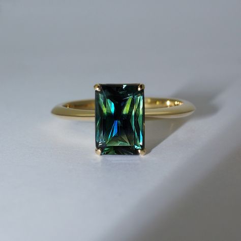 Australian Green Sapphire Ring, Green Sapphire Engagement Ring Solitaire, Coloured Wedding Rings, Engagement Rings Green Sapphire, Blue Green Engagement Ring, Sapphire And Emerald Ring, Parti Sapphire Ring, Green Sapphire Ring Engagement, Parti Sapphire Engagement Ring