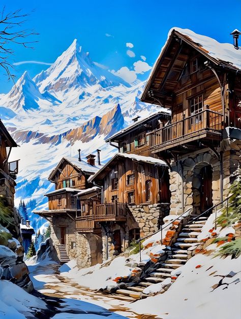 Snow Village Fantasy Art, Fire Village, Medieval Background, Snow Cabin, Anime Land, Seed Art, Alpine Village, Winter Village, Snow Art