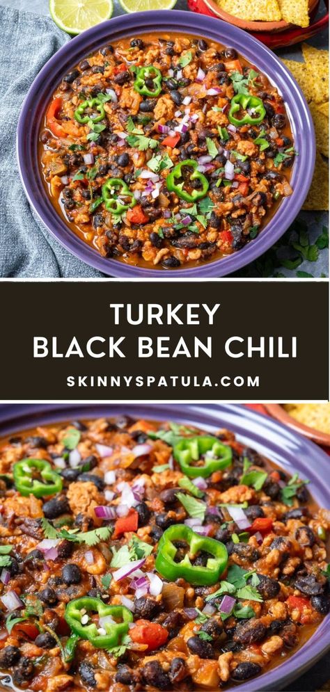 Turkey Black Bean Chili – Skinny Spatula Turkey Black Bean Chili Healthy, Turkey And Black Bean Chili, Turkey Chilli Recipe, Skinnytaste Black Bean Chili, Sweet Potato Black Bean Chili Crockpot, Turkey Bean Chili, Healthy Turkey Chilli, Black Bean Quinoa Chili, Ground Turkey Chili Recipe