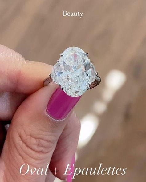 Michelle Demaree💍 on Instagram: "If you love Oval 3 stone rings you are going to LOVE this post! 🥰  My favorite side stone ever (for almost any shape but most specifically ovals) is the Epaulette / Cadillac side stone.   Epaulettes and Cadillac side stones are elegant accent diamonds used to enhance the center stone and offer more finger covered. Epaulettes have a unique shape that resembles a military epaulette, with straight edges and angled corners, while Cadillac diamonds are tapered, mimicking the sleek lines of a classic Cadillac car. Both styles add a sophisticated, architectural look to engagement rings, drawing attention to the brilliance of the center stone while adding extra sparkle and dimension. They come in step cut or brilliant cut…  Enjoy these beauties! Visit www.missdia Oval With Epaulette Side Stones, Rings Drawing, Cadillac Car, Classic Cadillac, 3 Stone Rings, Step Cut, Straight Edges, Stone Rings, Cadillac