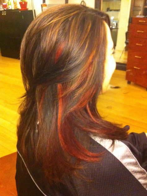 Black Hair Orange Highlights, Orange Peekaboo Hair, Brown Hair With Orange Highlights, Orange Highlights In Brown Hair, Red Hair With Black, Highlights On Light Brown Hair, Redish Brown Hair, Red Violet Hair Color, Red Violet Hair