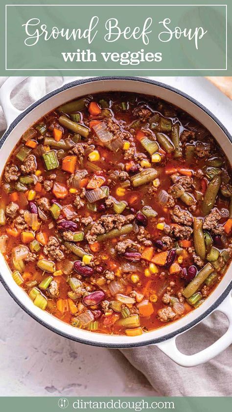 This ground beef and vegetable soup is a hearty dish the whole family will love. Ground beef, fresh veggies, and potatoes simmered in beef and a tomato-based broth. Serve with some fresh sourdough bread to complete the meal. Meals With Kidney Beans, Kidney Bean Soup Recipes, Kidney Bean Recipes, Soup Ground Beef, Ground Beef Vegetable Soup, Weeknight Soup, Kidney Bean Soup, Ground Beef Soup, Beef And Vegetable Soup