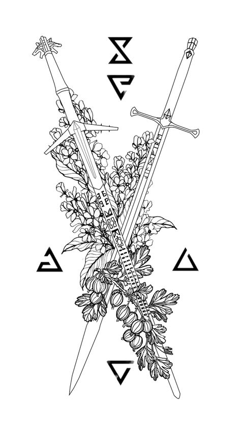 Witcher Swords Art, The Witcher Swords Tattoo, Witcher Medallion Tattoo, Geralt Tattoo Witcher, The Witcher Art Drawing, Witcher Swords Tattoo Design, Gaming Tattoo Designs, The Witcher Tattoo Design, The Witcher Tattoos