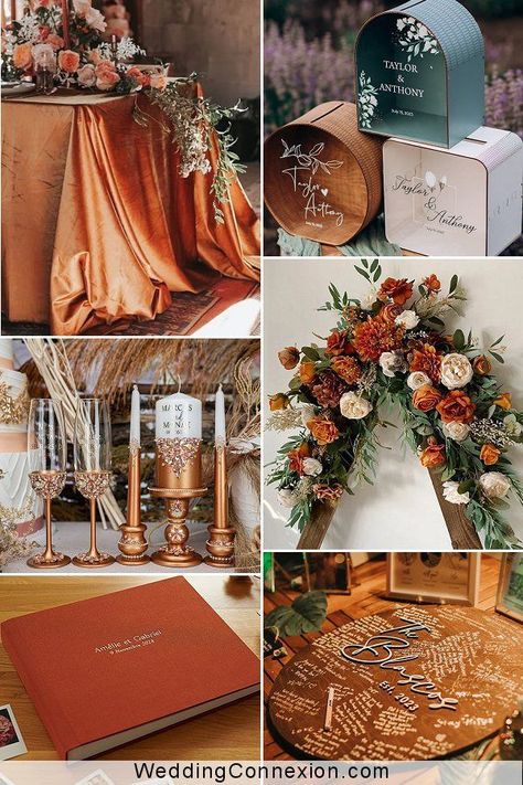 Nothing is more eye-catching and romantic than a burnt orange color wedding themed with a rustic feel. So as you plan your special day, remember that a burnt orange rustic wedding can be the perfect way to show your love and commitment in a unique and memorable way. Read more at WeddingConnexion.com Emerald Green And Burnt Orange Wedding, Orange Color Wedding, Orange Rustic Wedding, Rustic Wedding Decor Ideas, Orange Wedding Decorations, Rustic Wedding Theme, Elegant Wedding Ideas, Olive Green Weddings, Ceremony Candles