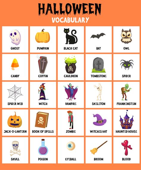 Halloween For Kindergarteners, Halloween Words Printables, Halloween For Kindergarten, Halloween English Worksheets, Halloween English Activities, Vocabulary Kindergarten, Halloween Presentation, Halloween Worksheets For Kids, Halloween Game Ideas