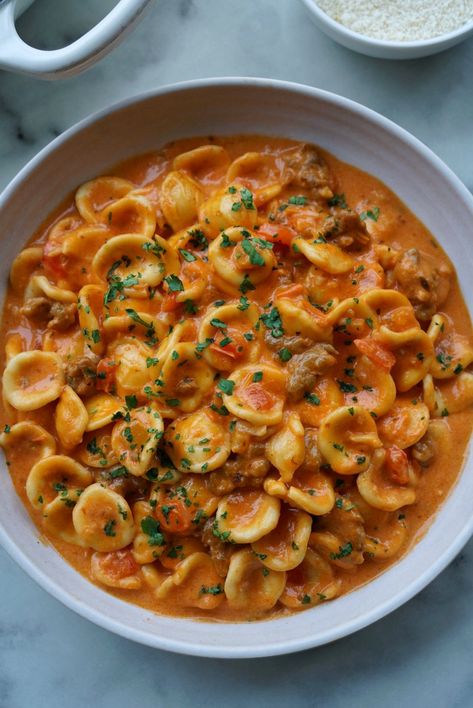 Sausage & Peppers Orecchiette Sausage Orecchiette Pasta, Creamy Sausage And Peppers Pasta, Orcchettie Pasta Recipes, Spicy Italian Sausage Recipes, Orecchiette Pasta Recipes, Orecchiette Recipes, Sausage And Peppers Pasta, Rich Vibes, Family Dinner Night