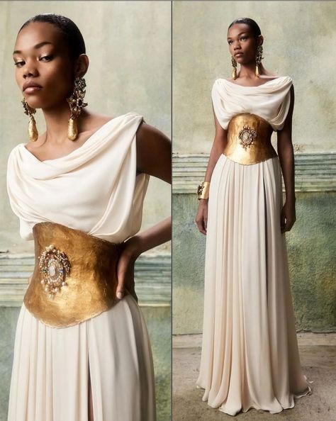 Greek Goddess Aesthetic Outfits, Ancient Rome Fashion, Greek Inspired Dress, Ancient Greece Fashion, Greek Outfit, Krikor Jabotian, Couture 2023, Greek Goddess Dress, Fashion Show Themes