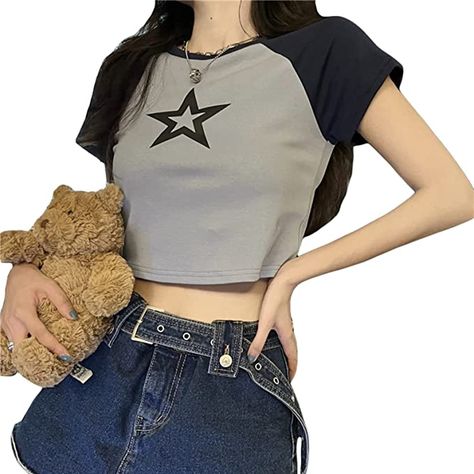 Womens Y2K Print Crop Tops Graphic Letter Print Summer Short Sleeve Tee T-Shirts E-Girls Teen Aesthetic Top Streetwear Crop Top Outfits Korean Style, Sweat Clothes, Crop Tops Graphic, Anime Tshirts, Graphic Star, Aesthetic Tees, Crop Tops Y2k, Kawaii Grunge, Teen Aesthetic