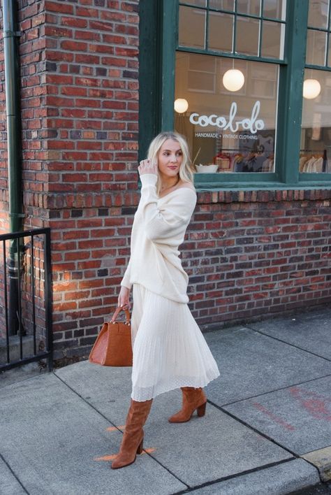 Fall Midi Dress Cowboy Boots, Midi Skirt And Tall Boots Outfit, Tall Boots With Midi Dress, Camel Tall Boots, Long Skirt With Tall Boots, Skirts With Tall Boots, Dresses And Tall Boots, Tall Boots Midi Dress, White Dress With Brown Boots