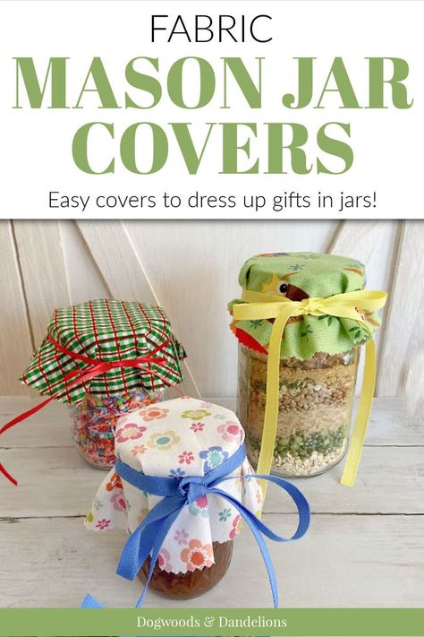 How To Decorate A Mason Jar Gift, Cloth Jar Lid Covers, Mason Jar Lid Fabric Flowers, Mason Jar Covers Fabric Diy, Jam Jar Decorations Ideas, Fabric Jar Covers, Gifts In Mason Jars, Mason Jar Toppers, Decorating Jars