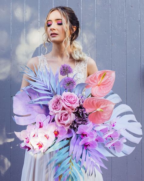 We're loving the feminine + whimsical wedding inspiration in today's editorial with pops of iridescent details and rainbow pastel colors! Disco Shoot, Whimsical Wedding Inspiration, Wedding Shoots, Purple Bouquet, Hens Party, Rainbow Pastel, Wedding Dress Boutiques, Pastel Wedding, Whimsical Wedding