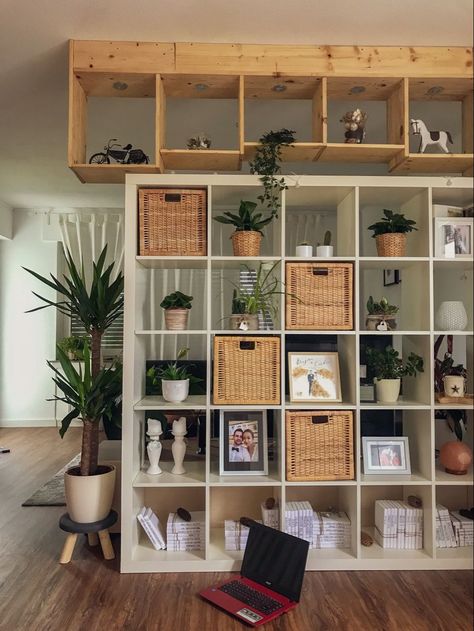 Open Concept Storage Ideas, Small Place Storage Ideas, Shelf Storage Ideas Organizing, Ikea Cubes Ideas, Cube Storage Ideas Living Room, Room Divider Plants, Small Living Room Storage Ideas, Studio Storage Ideas, Storage Shelf Ideas