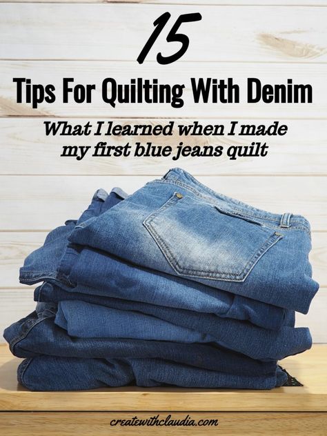 Tips for Quilting With Denim Jeans - Create with Claudia Sunflower Denim Quilt, Demin Quilts Free Pattern, Quilts Made From Old Blue Jeans, Denim Rag Quilt Tutorial, Denim Quilt Patterns Old Jeans, Jean Pocket Quilt, Blue Jean Quilts Patterns Ideas, Blue Jean Quilts Ideas, Blue Jean Quilts Patterns