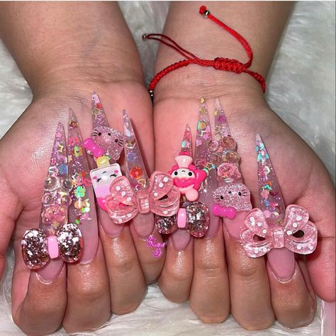 Really Long Nails, Y2k Nail, Bow Nail Designs, Kawaii Nail Art, Junk Nails, Hippie Nails, Punk Nails, Exotic Nails, Really Cute Nails