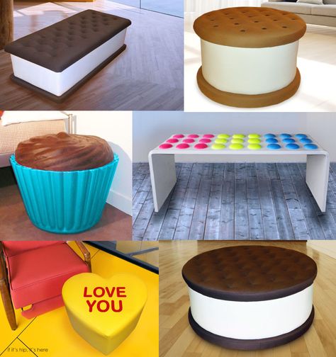 Ice Cream Sandwich Bench, Ice Cream Furniture, Candy Room In House, Candy Bedroom, Candy Furniture, Industrial Furniture Desk, Candy Themed Bedroom, Ice Cream Cute, Candy Room