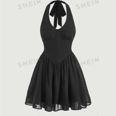 Shein Mod Solid Backless Halter Neck Dress Material: 100% Polyester Brand New Halter Skater Dress, Cheap Black Dresses, Y2k Halter Dress, Gothic Fits, Strappy Backless Dress, Cheap Black Dress, Black Halter Neck Dress, Backless Sequin Dress, Black Sundress