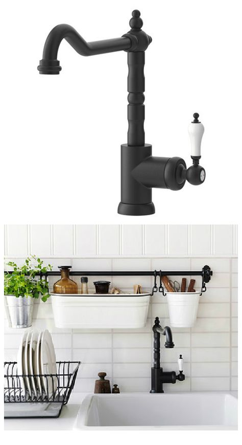 Add style to your kitchen with the IKEA GITTERAN sink faucet. Save water and energy, because the faucet has a mechanism that reduces water flow while maintaining pressure. Even comes with a 10 year Limited Warranty. Faucets For Farmhouse Sinks, Ikea Kitchen Sink, Ikea Faucet, Kitchen Rails, Black Sink, Door Bathroom, Inexpensive Home Decor, Sink Storage, Hanging Bar