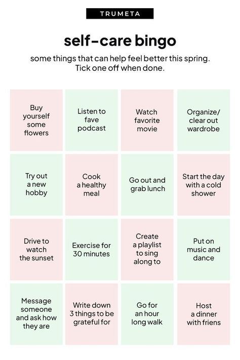 It's so important to remember good self-care during any seasonThis little self-care bingo could help to keep up with the changes in nature and keep the energy for the longer spring days💚 Self Care Bingo, Spring Challenge, Talk Therapy, Bullet Journal Design Ideas, Natural Pain Relief, Health Inspiration, Glow Up Tips, Bullet Journal Ideas Pages, Self Care Activities