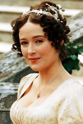 Jennifer Ehle as Elizabeth Bennet, Pride & Prejudice (1995) Jennifer Ehle, Elizabeth Bennet, A Flower, Curly Hair, Flowers, Hair, White