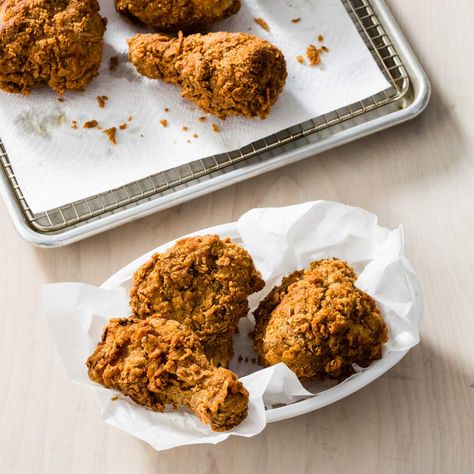 The recipe for One-Batch Fried Chicken from Cook’s Country was inspired by Colonel Sanders�’ famous fried chicken. Cook’s Country editors were searching for a faster way to get this style of chicken to the table while retaining flavorful moistness and shaggy, crispy skin. For this recipe, use a Dutch oven that holds 6 quarts or more. To take the temperature of the chicken pieces, take them out of the oil and place them on a plate; this is the safest way and provides the most accurate reading. Batch Cooking Ideas, Atk Recipes, Fowl Recipes, Chicken Entree, Cooks Country, Cooks Country Recipes, Chicken Dance, Donut Toppings, Caramel Chocolate Bar