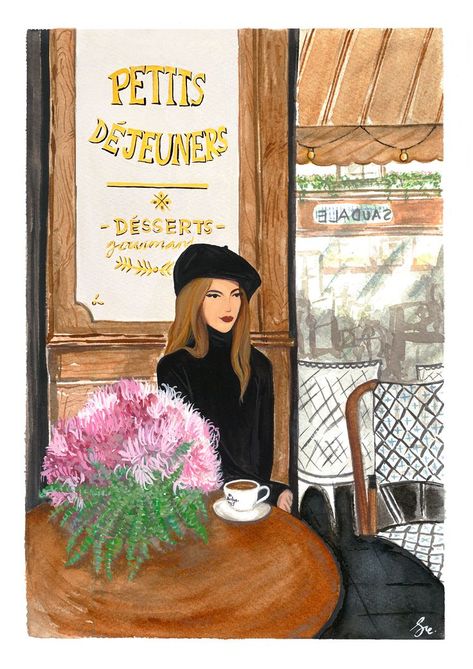 Cafe Illustration, Parisian Art, Paris Painting, Gouache Paint, Parisian Cafe, Paris Girl, Cafe Art, Painting Of Girl, People Illustration