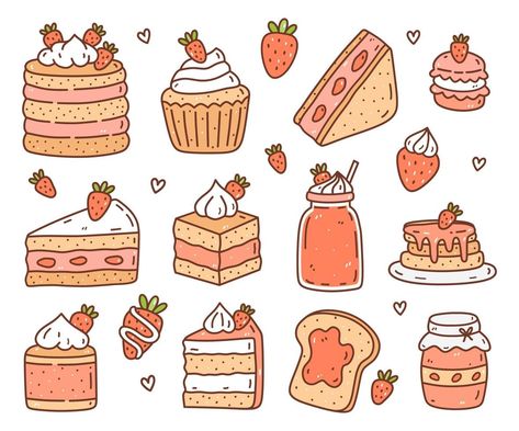 Cute set with strawberry desserts and drinks isolated on white background. Vector hand-drawn illustration in doodle style. Perfect for cards, logo, decorations, menu, stickers, various designs. Dessert Cute Drawing, Dessert Drawings Easy, Cute Desserts Drawings, Strawberry Desserts Drawing, Cute Pastry Drawings, Desserts Reference, Cute Food Art Drawing Illustrations, Strawberry Doodle Aesthetic, Kawaii Dessert Drawing