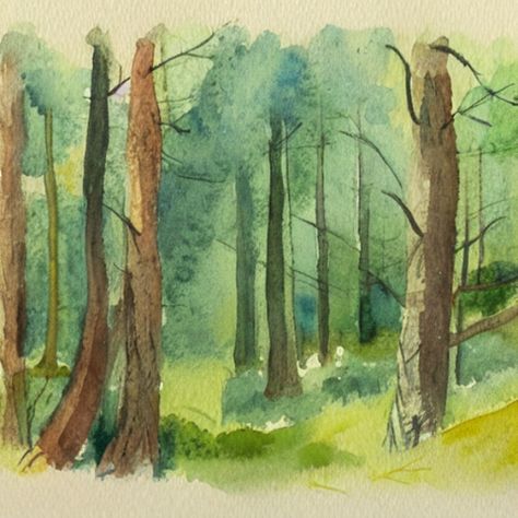 A watercolor drawing of a simple landscape of a forest or woodland Watercolor Painting Forest, Woods Drawing Forests, Easy Forest Drawings, Simple Forest Drawing, Forest Drawing Simple, Easy Watercolor Drawing, Forest Landscape Drawing, Drawing Of A Forest, Watercolor Forest Landscape