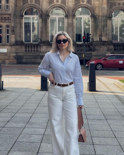 Summer whites and blues 🤍 Contains PR / #whitejeans #widelegjeans #outfitinspo #streetstyleoutfit #stripyblueshirt #blueshirt #summershirt #minimastreestyle #whatveganswear #veganfashion Blue And White Striped Shirt Outfit Women, Coffee With Friends Outfit, Blue White Striped Shirt Outfit, Striped Shirt Outfits, Blue And White Striped Shirt Outfit, White Striped Shirt Outfit, Blue Striped Shirt Outfit, Outfits With Striped Shirts, Blue And White Striped Shirt