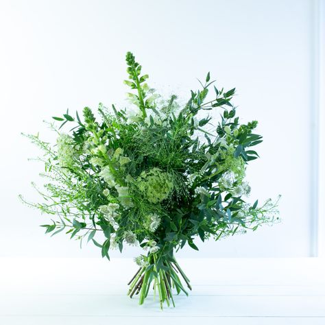 Serene, classic shades of white and green make this timeless design the perfect choice for those who love a more neutral palette. The bouquet over-flows with antirrhinum, dill, fountain grass, thlaspi and pretty astrantia, finished with Irish eucalyptus and foliage. #valentines #bouquet #flowers #ValentinesDay Green Foliage Bouquet, Bells Of Ireland Bouquet, Valentines Bouquet, Foliage Bouquet, Bouquet Green, Wedding Nature, Modern Florals, Grass Bouquet, Mother's Day Bouquet