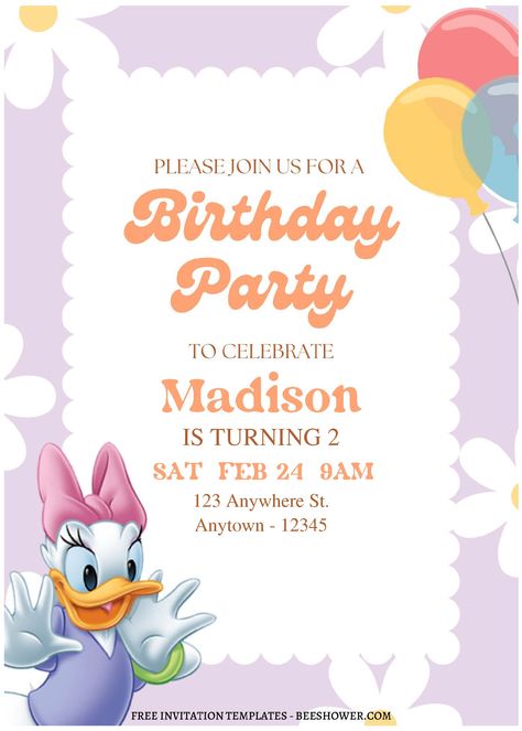 Cool (Free Editable PDF) Lovely Daisy Duck Birthday Invitation Templates Daisy Duck Birthday Party Ideas, Hbd Mom, Daisy Duck Birthday, Daisy Duck Party, Minnie Y Daisy, Pata Daisy, Birthday Deco, Birthday Banner Template, Tmnt Birthday