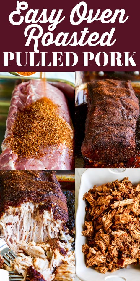 Oven Roasted Pulled Pork is moist and super savory! Season with a homemade rub and cook it with these slow-roasting secrets. We cover how to make pulled pork at a low oven temperature as opposed to slow cooked in a crockpot. And why a loin is the best cut! The low heat temperature and a long cooking process make the meat easy to shred as it becomes tender over the hours. The result: perfectly moist yet slightly caramelized edges with the best flavor. Pulled Pork Roast Recipes, Easy Pork Butts In The Oven, Pulled Pork In Roaster Oven, Pulled Pork Loin, Slow Cooked Pork Loin, Homemade Bbq Rub, Baked Pulled Pork, Roasted Pulled Pork, Pulled Pork Oven Recipe