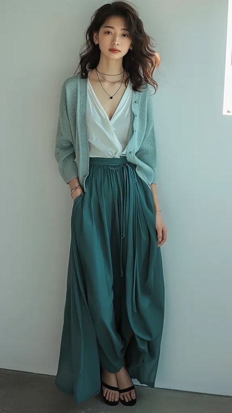 Teal Color Palette Outfit, Teal Pants Outfit, Teal Pants, Teal Color Palette, Teal Outfits, Deep Autumn Color Palette, V Neck Blouse, Cozy Outfit, Cropped Cardigan