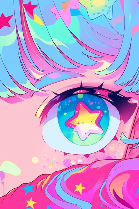 Anime Eyes Illustration, Colourful Digital Art, Colorful Eyes Drawing, Bright Drawings Ideas, Colorful Anime Aesthetic, Anime Eyes Kawaii, Kawaii Art Painting, Aesthetic Anime Art Style, Colorful Art Anime