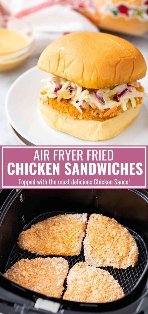 Air Fryer Fried Chicken Sandwiches are topped with the most delicious homemade sauce and crunchy slaw! This easy Air Fryer recipe is perfect for your next game day party and makes enough delicious chicken sandwiches to feed a crowd. #AirFryerRecipes #ChickenSandwiches  #sponsored Air Fryer Recipes Chicken Thighs, Fried Chicken Sandwiches, Air Fryer Fried Chicken, Subway Sandwich, Game Day Party, Air Fryer Recipe, Deli Sandwiches, Chicken Sandwich Recipes, Air Fry Recipes